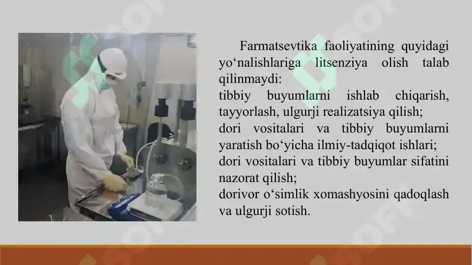 9. Dori vositalari, tibbiy buyumlar va farmasevtika tovarlarini ishlab chiqarish. Taqdimot 11 bet. Yuzakiroq yoritilgan. 3