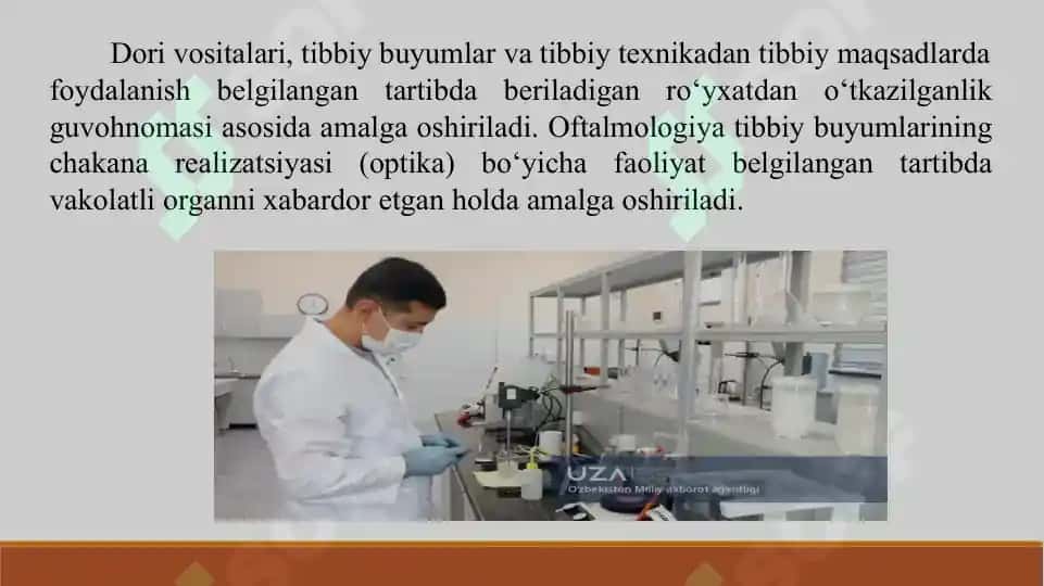 9. Dori vositalari, tibbiy buyumlar va farmasevtika tovarlarini ishlab chiqarish. Taqdimot 11 bet. Yuzakiroq yoritilgan. 4