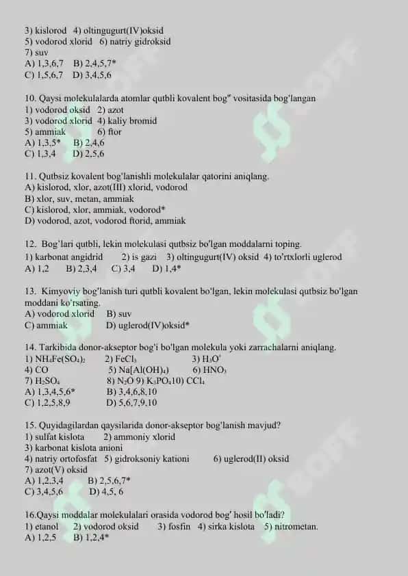 4. Kimyoviy bog'lanish va molekula tuzilishi. Molekulyar va atom massalarini aniqlash usullari. Molekulyar tuzilish MO usuli. Test 20 ta. 2