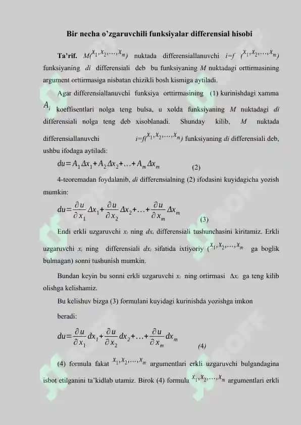 Bir necha o’zgaruvchili funksiyalar differensial hisobi 2