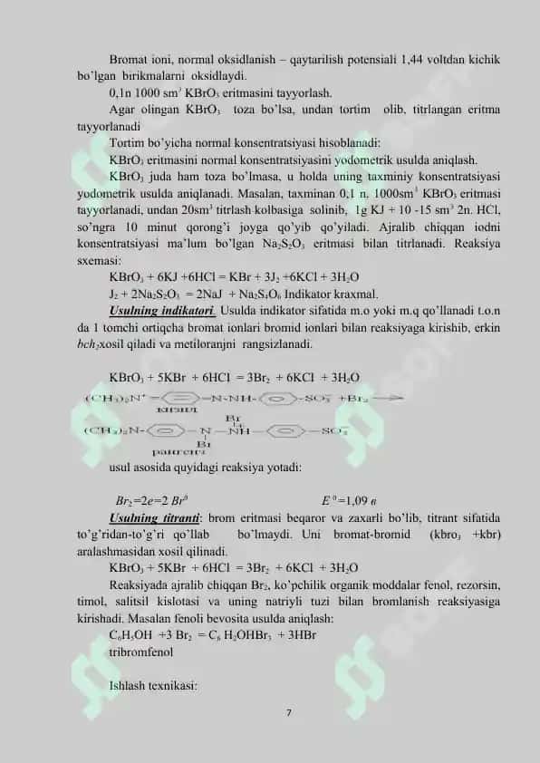 Bromatometriya,xloryodometriya,nitriometriya usullarini qo’llanishi. 7