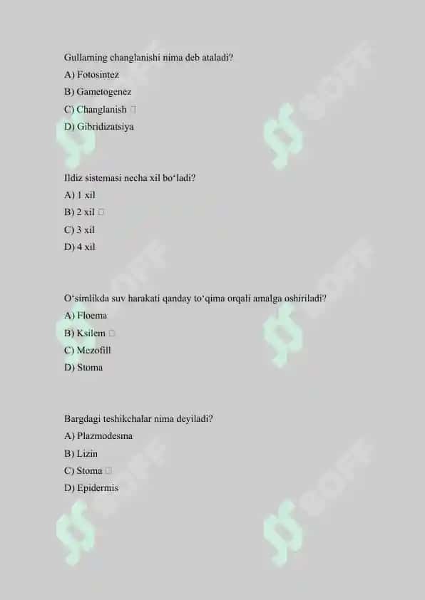 Botanika fanidan test savollari 3