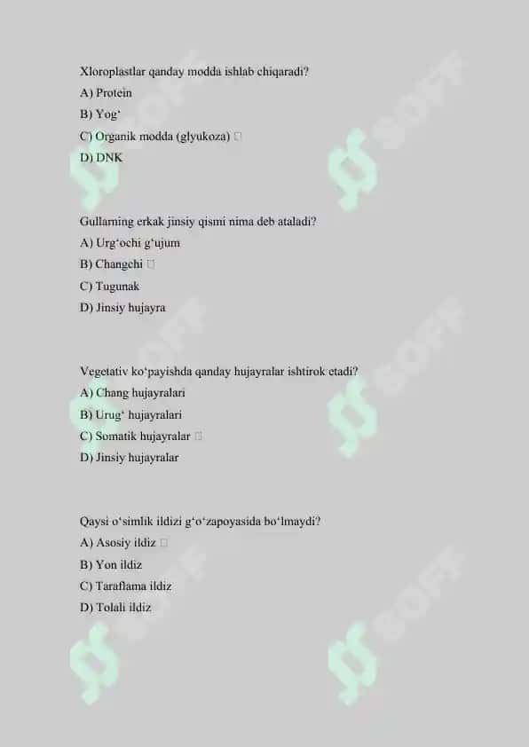 Botanika fanidan test savollari 4
