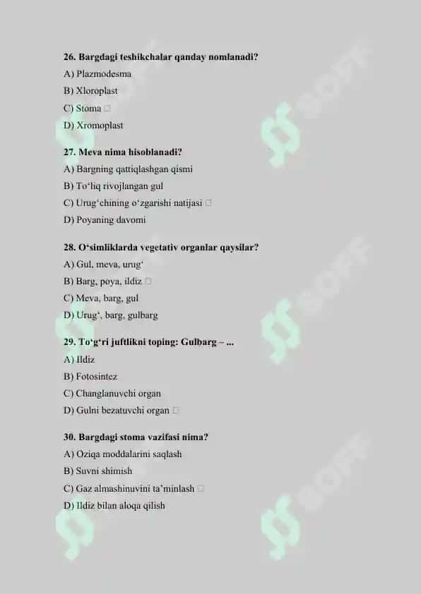 Botanika fanidan test savollari 7