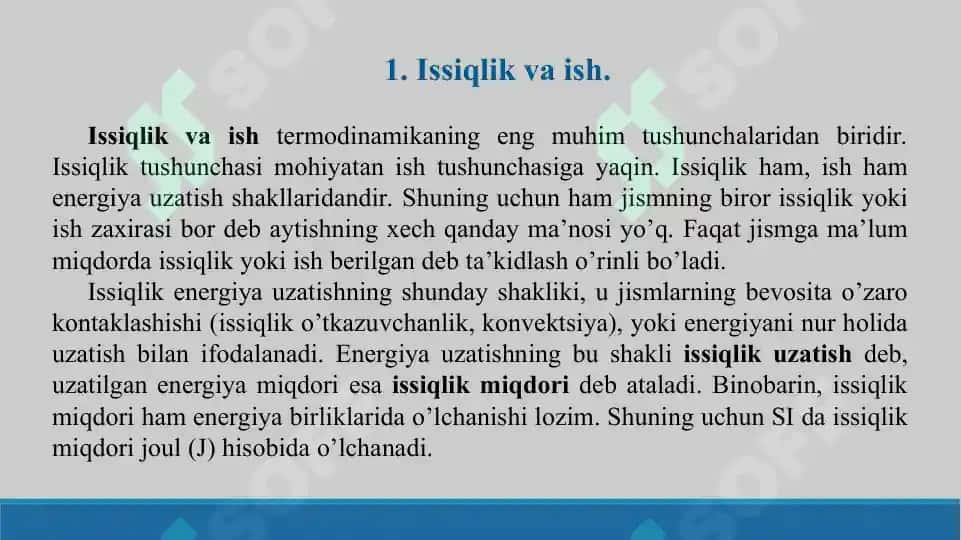 Issiqlik va ish, izotermik izoxorik, izobarik jarayonlar. Termodinamikaning nolinchi qonuni. Kirxgof qonuni. Taqdimot 3