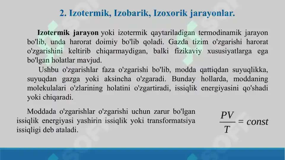 Issiqlik va ish, izotermik izoxorik, izobarik jarayonlar. Termodinamikaning nolinchi qonuni. Kirxgof qonuni. Taqdimot 6