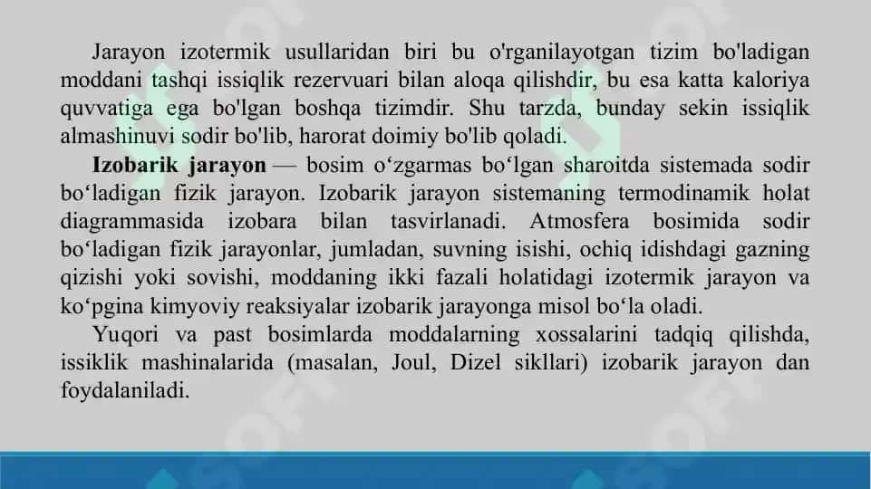 Issiqlik va ish, izotermik izoxorik, izobarik jarayonlar. Termodinamikaning nolinchi qonuni. Kirxgof qonuni. Taqdimot 7