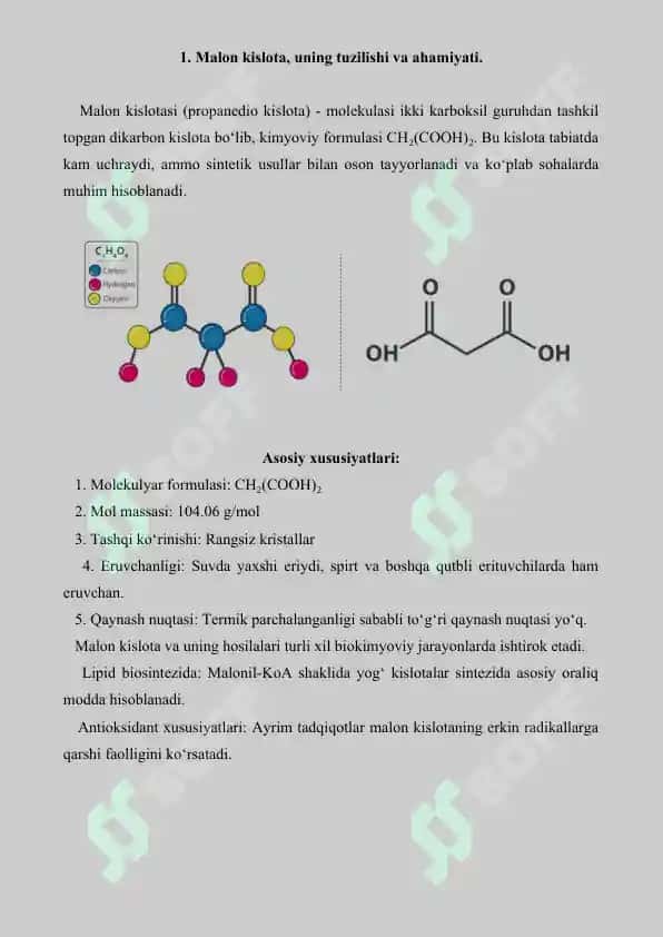 Malon kislota - olinishi, kimyoviy xossalari va qo'llanilishi. Referat 6 bet. 2