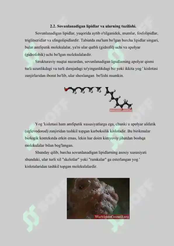 Sovunlanadigan lipidlar.  Yog’larning xossalari. Referat 17 bet 6