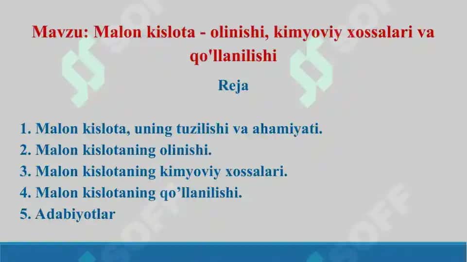 Malon kislota - olinishi, kimyoviy xossalari va qo'llanilishi. Taqdimot 13 bet. 2