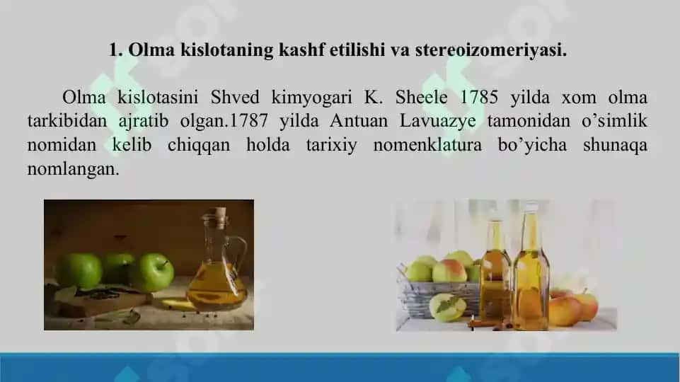 Olma kislota - stereoizomeriya, olinishi, kimyoviy xossalari, ishlatilishi. Taqdimot 17 bet 3