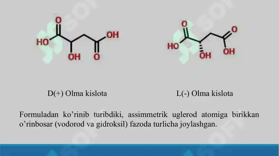 Olma kislota - stereoizomeriya, olinishi, kimyoviy xossalari, ishlatilishi. Taqdimot 17 bet 5