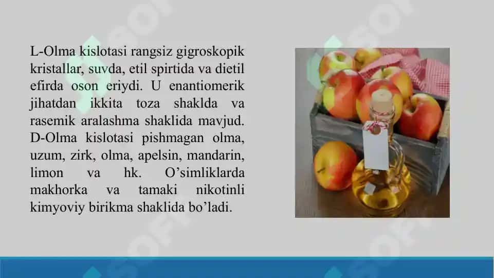 Olma kislota - stereoizomeriya, olinishi, kimyoviy xossalari, ishlatilishi. Taqdimot 17 bet 7