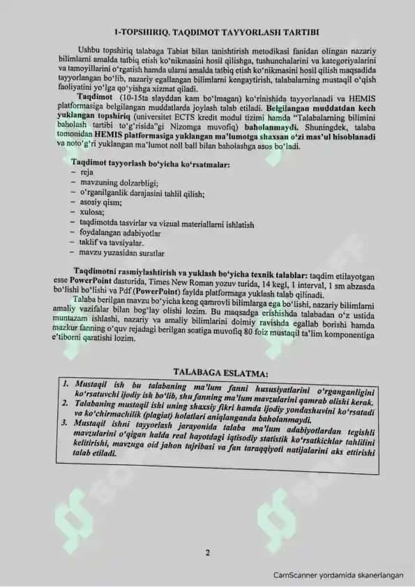 Tabiat bilan tanishtirish topshiriq 2