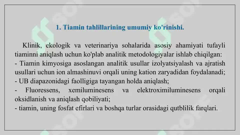 Vitamin B1 ning zamonaviy tahlil usullari. Taqdimot, 15 sahifa. 2
