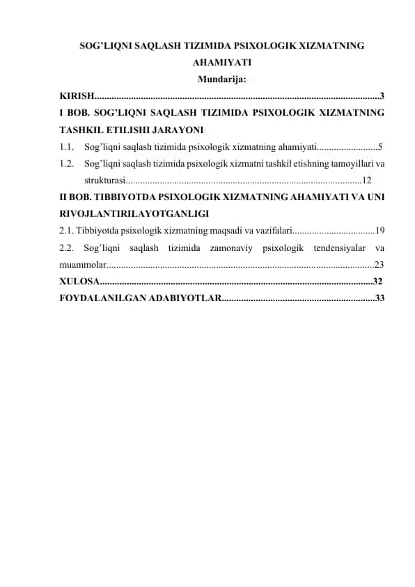 Sog’liqni saqlash tizimida psixologik xizmatning ahamiyati (kurs ishi)
