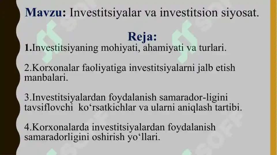 Investitsiyalar va investitsion siyosat 2