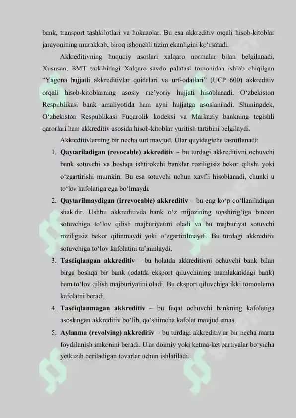 Bankdagi maxsus shotlar akreditiv va boshqa maxsus shotlar bo'yicha xisoblashlar 7