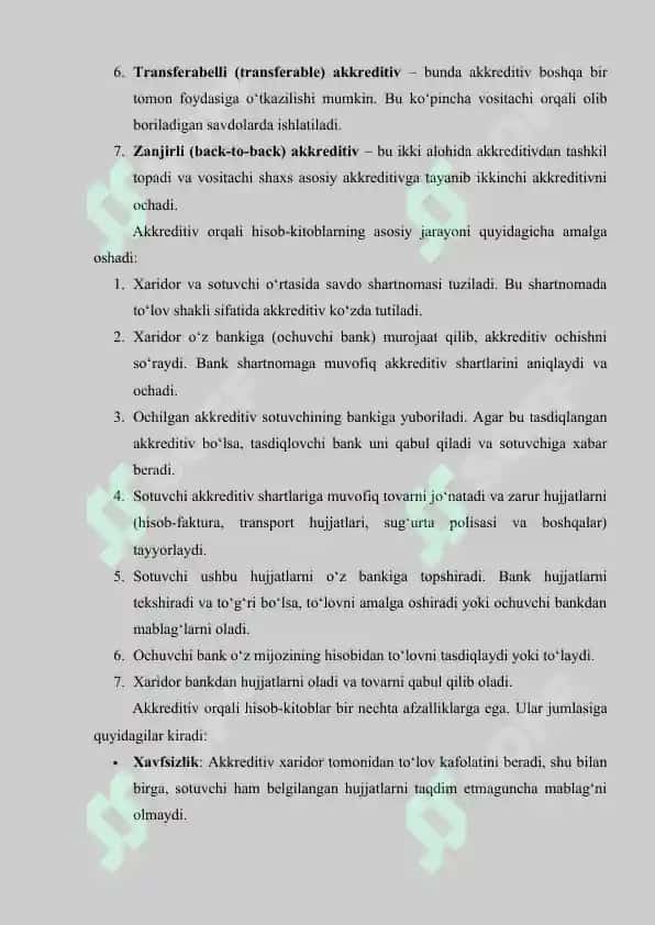 Bankdagi maxsus shotlar akreditiv va boshqa maxsus shotlar bo'yicha xisoblashlar 8