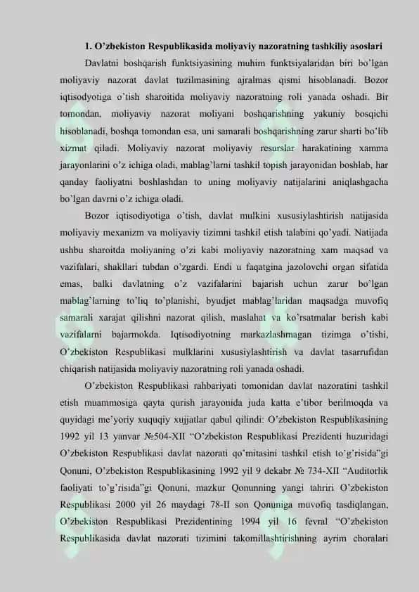 O’zbekiston Respublikasining moliyaviy azorat tizimi va unda auditning tutgan o’rni 2
