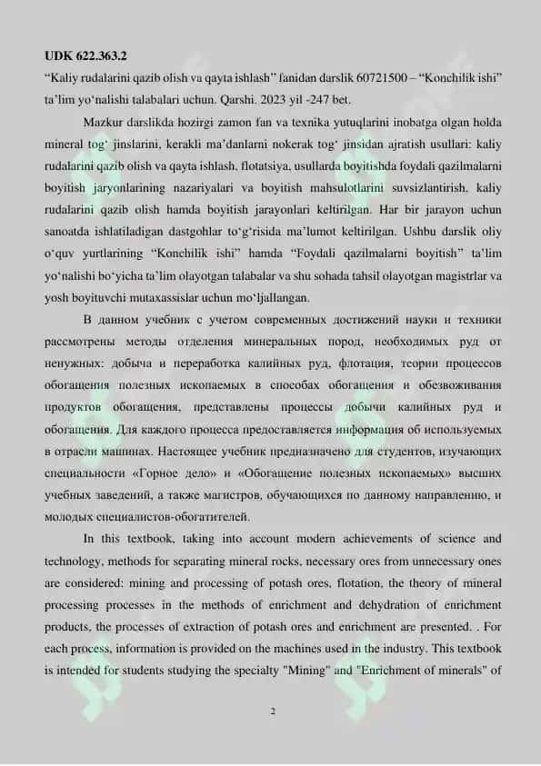 Kaliy rudalarini qazib olish va qayta ishlash 2