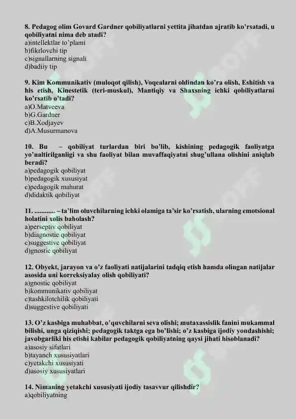 PEDAGOGIK MAHORAT fanidan mavzulashtirilgan testlar 2