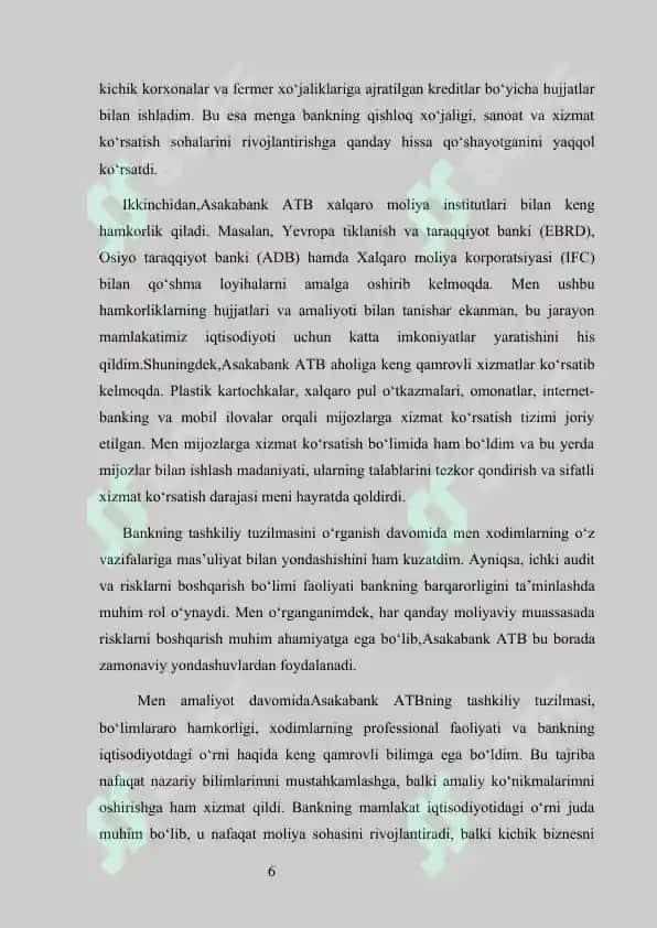 Asabank amaliyot hisoboti          ASAKABANK  Malakaviy Amaliyot Hisoboti   MALAKAVIY AMALIYOT (BITIRUV OLDI) KUNDALIK HISOBOT ASAKABANK AMALIYOT HISOBOTI 6
