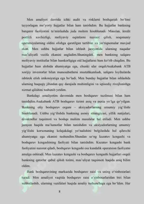 Asabank amaliyot hisoboti          ASAKABANK  Malakaviy Amaliyot Hisoboti   MALAKAVIY AMALIYOT (BITIRUV OLDI) KUNDALIK HISOBOT ASAKABANK AMALIYOT HISOBOTI 8