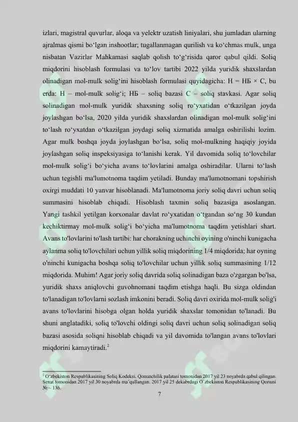 Yuridik shaxslardan olinadigan mol-mulk solig'i va uning uning o'ziga xos xususiyatlari 7