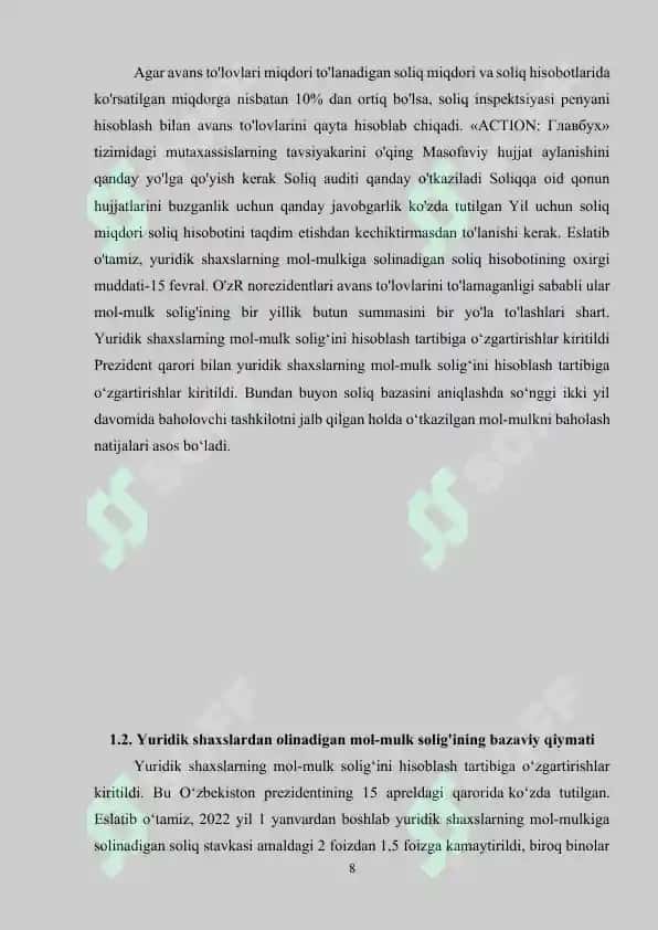 Yuridik shaxslardan olinadigan mol-mulk solig'i va uning uning o'ziga xos xususiyatlari 8