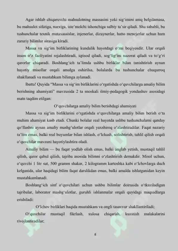 Massasig’im o’lchov birliklarini o’rgatish metodikasi 8