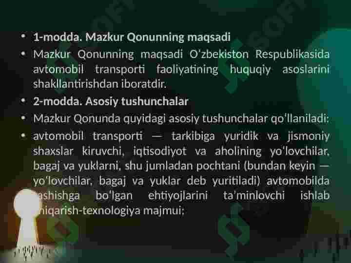 O‘ZBEKISTON RESPUBLIKASINING AVTOMOBIL TRANSPORTI TO‘G‘RISIDA QONUNI 2