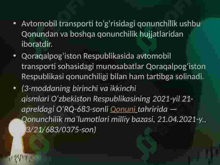 O‘ZBEKISTON RESPUBLIKASINING AVTOMOBIL TRANSPORTI TO‘G‘RISIDA QONUNI 5