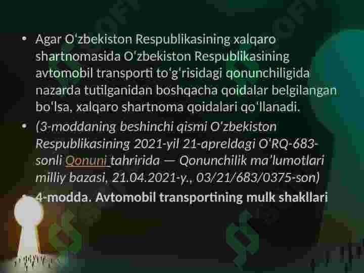 O‘ZBEKISTON RESPUBLIKASINING AVTOMOBIL TRANSPORTI TO‘G‘RISIDA QONUNI 7