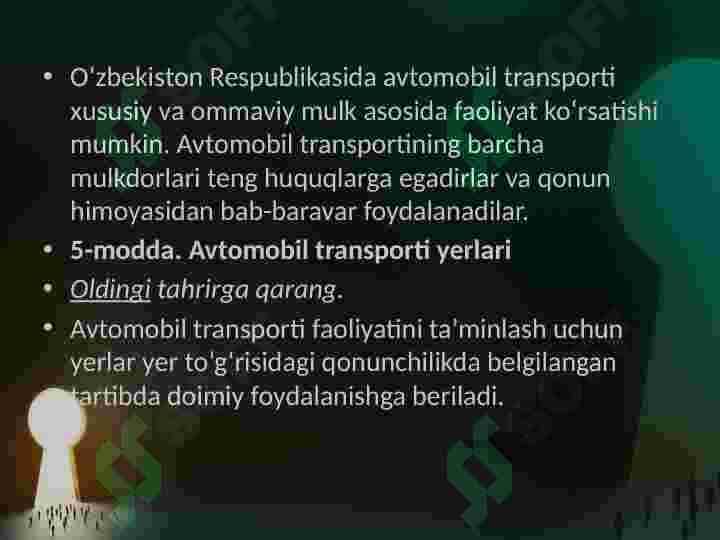 O‘ZBEKISTON RESPUBLIKASINING AVTOMOBIL TRANSPORTI TO‘G‘RISIDA QONUNI 8