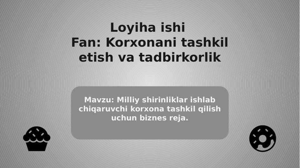 Milliy shirinliklar ishlab chiqaruvchi korxona tashkil qilish uchun biznes reja. (mavzu asosida loyiha ishi)