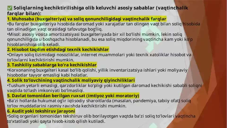 BO’YICHA KECHIKTIRILGAN SOLIQLARNI DASTLABKI TAN OLISH 8