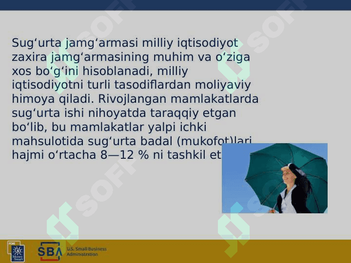 Sug`urta tushunchasi, turlariva O`zbekistondagi sug`urtalar 5