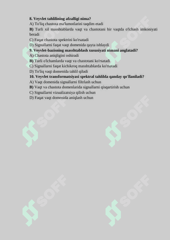“Veyvlet-bazis. Spektral ifodalashning asosiy xususiyatlari” mavzusida test topshirig'i 2