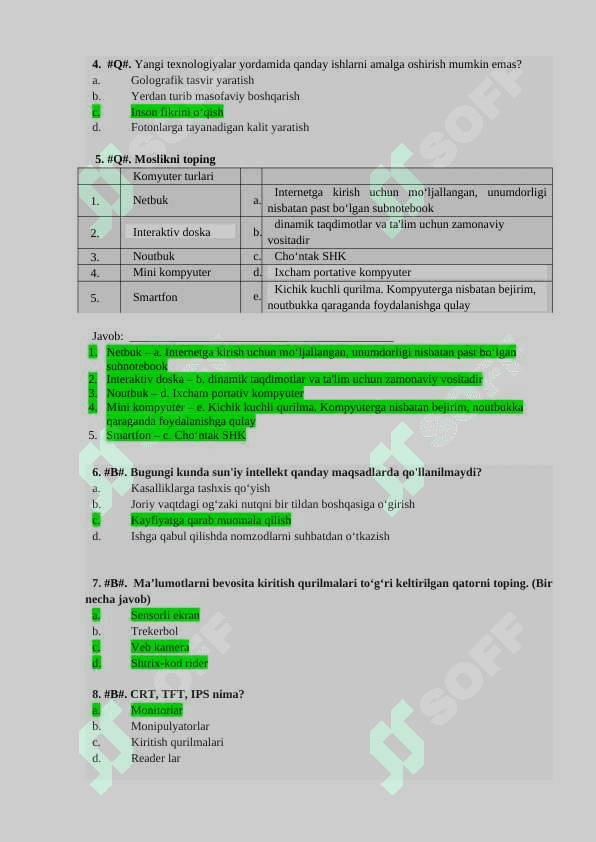 9-sinf - Informatika - Testlar - Javoblari bilan 2