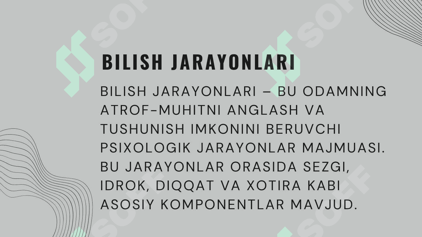 BILISH JARAYONLARI. SEZGI, IDROK. DIQQAT VA XOTIRANING PSIXOLOGIK XUSUSIYATLARI 2