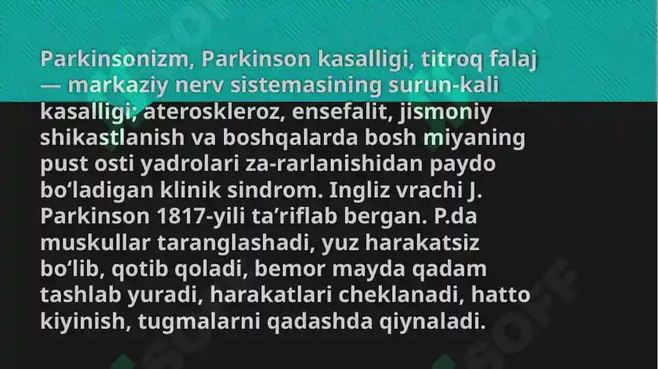 Parkinson kasalligini davolashda qo'llaniladigan dori vositalari 2