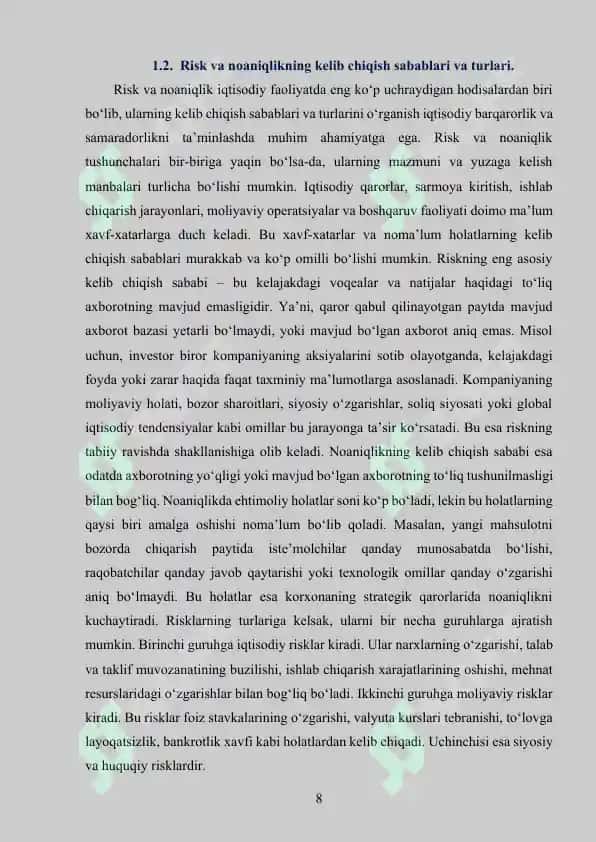 Risk va noaniqlikni baholashning miqdoriy usullari 8