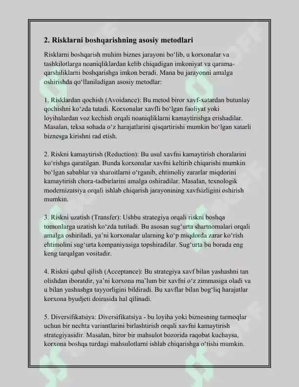 Innovatsion loyihalar risklarini baxolashning asosiy usullari 5