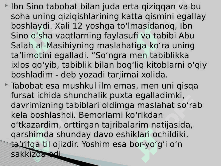 Buxora tibbiyoti.Abu Ali Ibin Sino hayoti va ijodi 8
