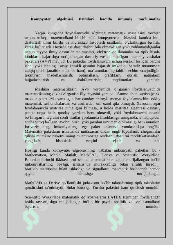 Matlab tizimida funksiyalarni yaratish va ulardan foydalanish. Matlab tizimining grafik imkoniyatlari. Matlab tizimida maxsus grafiklar bilan ishlash. Matlab tizimida funksiyalar qiymatlari jadvallarini yaratish va ularni vizuallashtirish. Matlab tizimi imkoniyatlaridan funksiyalarni to’liq tekshirishda foydalanish. Matlab tizimida tasodifiy miqdorlar taqsimot qonunlarini o’rganish. Amaliy dasturiy paketlarning qo’llanish sohalari 2