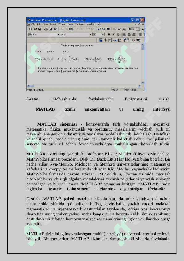 Matlab tizimida funksiyalarni yaratish va ulardan foydalanish. Matlab tizimining grafik imkoniyatlari. Matlab tizimida maxsus grafiklar bilan ishlash. Matlab tizimida funksiyalar qiymatlari jadvallarini yaratish va ularni vizuallashtirish. Matlab tizimi imkoniyatlaridan funksiyalarni to’liq tekshirishda foydalanish. Matlab tizimida tasodifiy miqdorlar taqsimot qonunlarini o’rganish. Amaliy dasturiy paketlarning qo’llanish sohalari 6