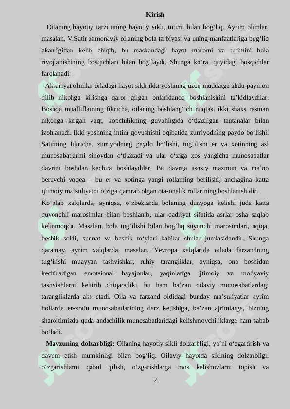 Oilaning hayotiy sikli. 2