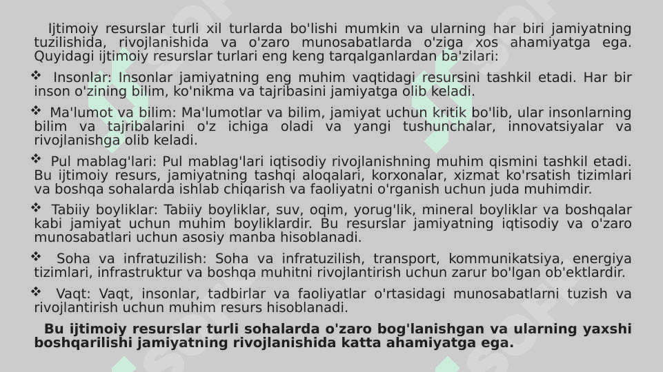IJTIMOIY RESURSLAR, ULARNI AMALGA OSHIRISH YO’LLARI 7