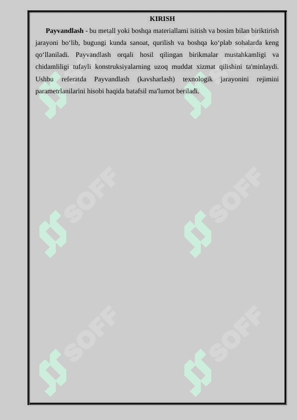 Payvandlash (kavsharlash) texnologik jarayonini rejimini parametrlanilarini hisobi 2